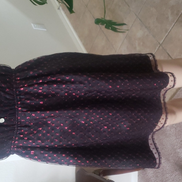 Alice xs strapless mesh overlay shiny red embroidered dot pattern smocked back - Picture 5 of 10